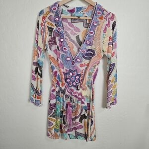 Taj by Sabrina Crippa Colorful Patterned V-Neck Silk Beaded Dress Coverup Small
